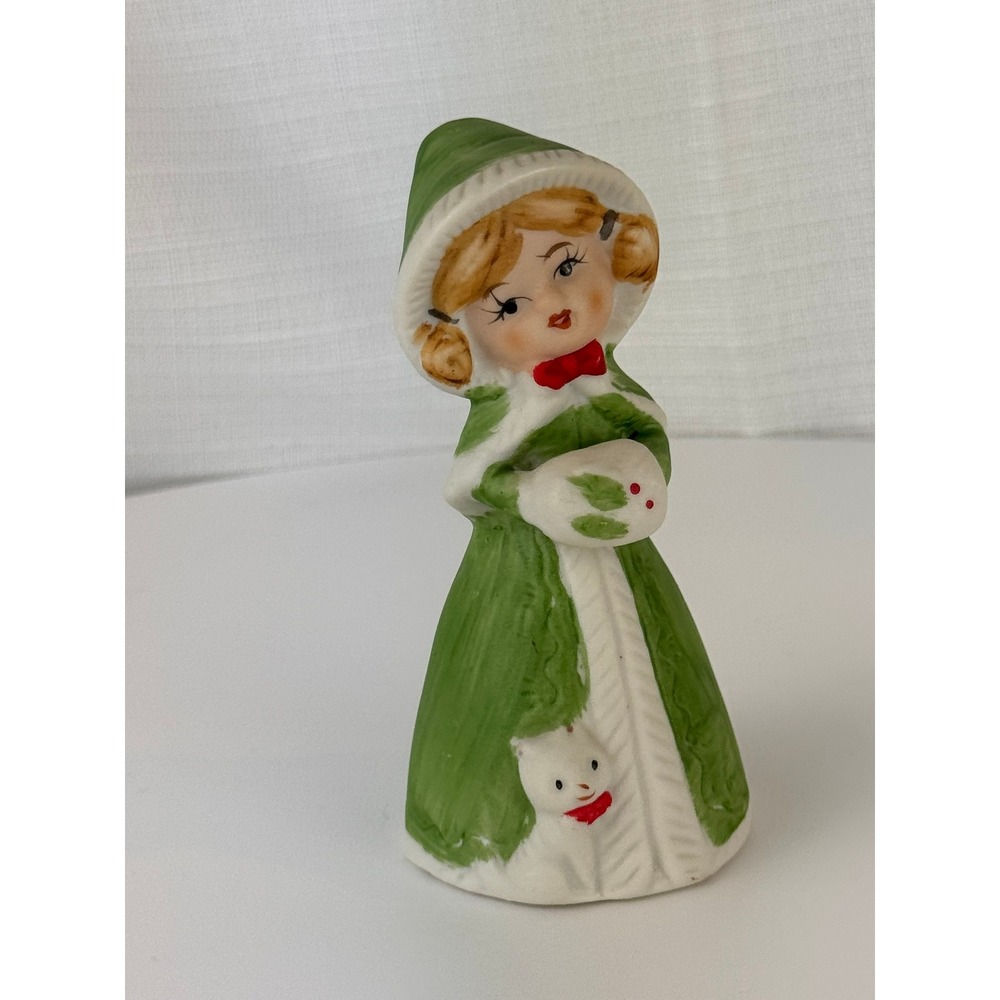 Vintage Ceramic Christmas Girl Bell OS Green Excellent Holiday Figurine